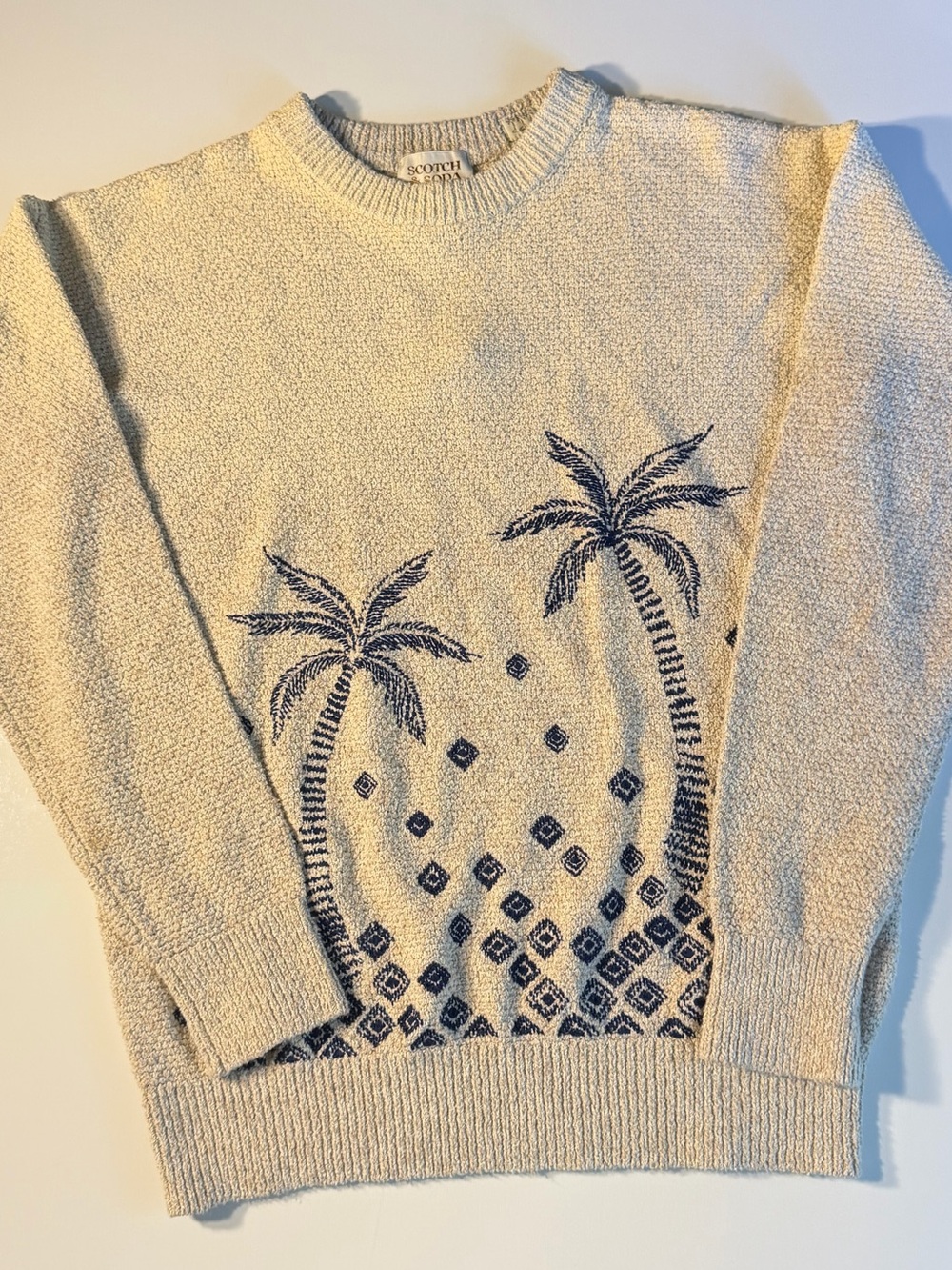 Scotch & Soda | Textured Palm Tree Embroidered Crewneck Pullover Sweater